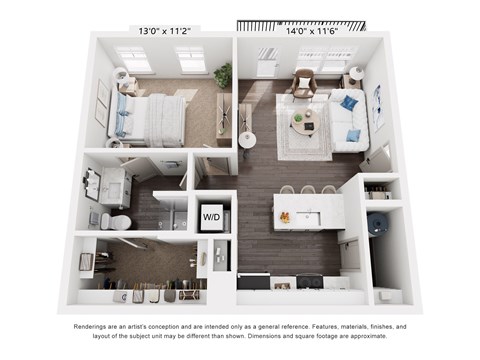 Floor plan for 1 bed, 1 bath, 705 sqft
